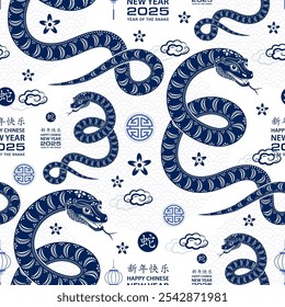 Seamless pattern with Asian elements on color background for happy Chinese new year of the Snake 2025, flyers, poster and banner, (translate : Chinese happy new year, 2025)