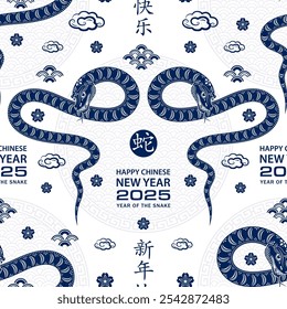 Seamless pattern with Asian elements on color background for happy Chinese new year of the Snake 2025, flyers, poster and banner, (translate : Chinese happy new year, 2025)