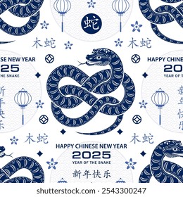 Seamless pattern with Asian elements on color background for happy Chinese new year of the Snake 2025, flyers, poster and banner, (translate : Chinese happy new year, 2025)