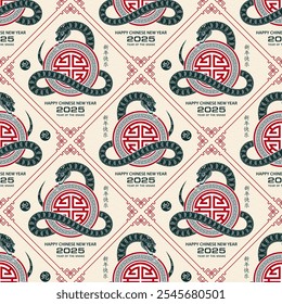 Seamless pattern with Asian elements on color background for happy Chinese new year of the Snake 2025, flyers, poster and banner, (translate : Chinese happy new year, 2025)