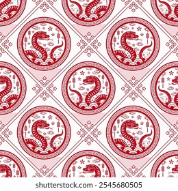 Seamless pattern with Asian elements on color background for happy Chinese new year of the Snake 2025, flyers, poster and banner, (translate : Chinese happy new year, 2025)