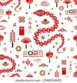 Seamless pattern with Asian elements on color background for happy Chinese new year of the Snake 2025, flyers, poster and banner, (translate : Chinese happy new year, 2025)