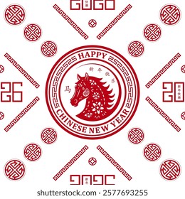 Seamless pattern with Asian elements on color background for happy Chinese new year of the Horse 2026, flyers, poster and banner, (translate : Chinese happy new year, 2026)