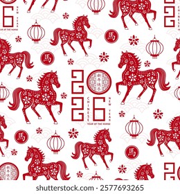 Seamless pattern with Asian elements on color background for happy Chinese new year of the Horse 2026, flyers, poster and banner, (translate : Chinese happy new year, 2026)