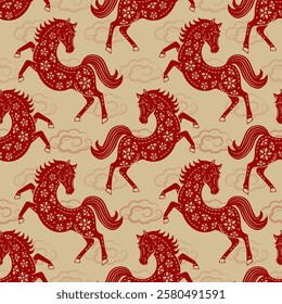 Seamless pattern with Asian elements on color background for happy Chinese new year of the Horse 2026, flyers, poster and banner, (translate : Chinese happy new year, 2026)