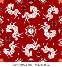 Seamless pattern with Asian elements on color background for happy Chinese new year of the Horse 2026, flyers, poster and banner, (translate : Chinese happy new year, 2026)