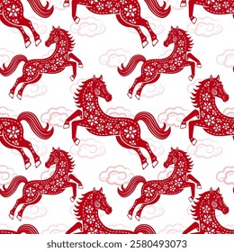 Seamless pattern with Asian elements on color background for happy Chinese new year of the Horse 2026, flyers, poster and banner, (translate : Chinese happy new year, 2026)