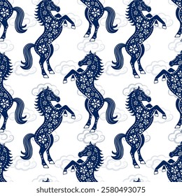 Seamless pattern with Asian elements on color background for happy Chinese new year of the Horse 2026, flyers, poster and banner, (translate : Chinese happy new year, 2026)