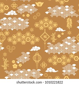 Seamless pattern with Asian elements.Traditional Asian wave pattern in Japanese or Chinese style. Golden floral and geometric background for wrapping paper.Vector Illustration.