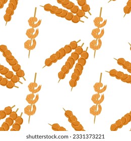 Seamless pattern of Asian food. Chicken shish kebab and shrimp. Wallpaper, background, flyer, fabric design. Vector illustration.