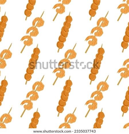 Seamless pattern of Asian food, Chicken shish kebab and shrimp. Wallpaper, background, flyer, fabric design. Vector illustration.