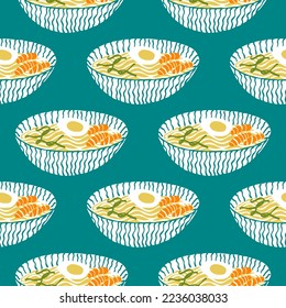 Seamless pattern and Asian food cuisine stylized soup illustration blue background