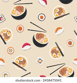 Seamless pattern with Asian food. Japanese food, rolls, sushi and ramen. Vector