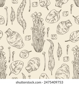 Seamless pattern with asian food: kombu seaweed, enokitake, spinach, taro root. Asian cuisine. Vector hand drawn illustration.