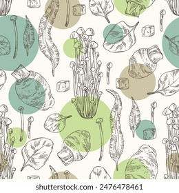 Seamless pattern with asian food: kombu seaweed, enokitake, spinach, taro root. Asian cuisine. Vector hand drawn illustration.