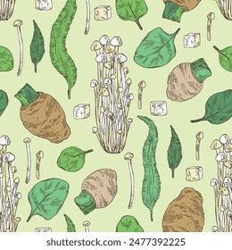 Seamless pattern with asian food: kombu seaweed, enokitake, spinach, taro root. Asian cuisine. Vector hand drawn illustration.