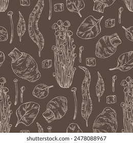 Seamless pattern with asian food: kombu seaweed, enokitake, spinach, taro root. Asian cuisine. Vector hand drawn illustration.