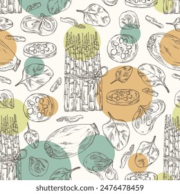 Seamless pattern with asian food: lotus root, wood ears, muer, bok choy, spinach. Asian cuisine. Vector hand drawn illustration.