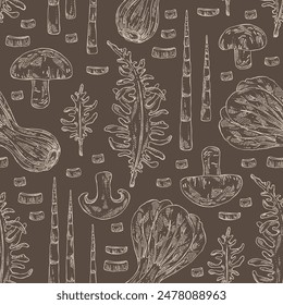 Patrón sin fisuras con comida asiática: shiitake, algas wakame, bok choy, brotes de bambú. Cocina asiática. Vector dibujado a mano ilustración.