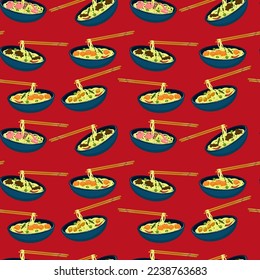 Seamless pattern of Asian food wok noodles with salmon fish, chicken, beef, shrimps in a bowl front view