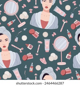 Seamless pattern with Asian girl and cosmetics, creams. Beauty products for moisturizing and caring for facial skin. Morning hygiene procedures. Gua sha massage. Vector flat illustration