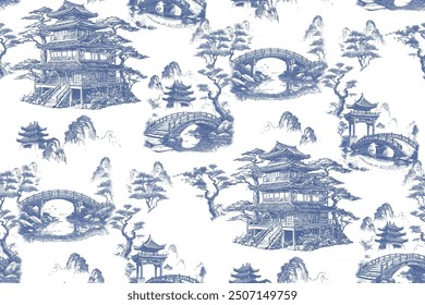 Seamless pattern of asian houses and landscapes. In style Toile de Jou. Suitable for fabric, wrapping paper and the like