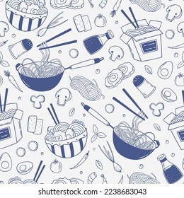 Seamless pattern with Asian Japanese and Chinese traditional food. Asian kitchen background. Vector illustration for doodle style. Menu for restaurant, cafe.