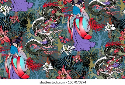 Seamless pattern with Asian motifs - dragons, fairies, peacocks, Chinese lanterns. Suitable for fabric, wrapping paper and the like