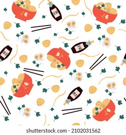 Seamless pattern of Asian Noodle and soy sauce. Example of menu. Recipes of traditional food