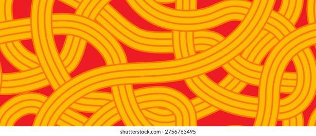 Seamless pattern with asian noodles. Yellow wavy spaghetti on orange background. Chinese food banner design. Funky pasta doodle wallpaper
