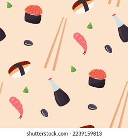 seamless pattern with asian seafood and sushi 