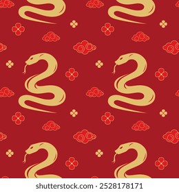 Seamless pattern with Asian Snake on red background . happy Chinese new year of the Snake 2025. Vector wallpaper.