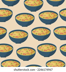 Seamless pattern of Asian soup with salmon and octopus