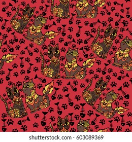 Seamless pattern with asian style cats. Kids fabric texture. Vector Illustration.