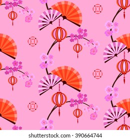 Seamless pattern in Asian style. Japanese or chinese floral pattern with sakura - japanese cherry, spring flowers.