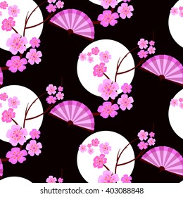 Seamless pattern in Asian style. Japanese or chinese floral ornament with sakura - japanese cherry.