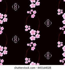 Seamless pattern in Asian style. Japanese or chinese pattern with sakura and chinese fans and decorative emblems on black background.