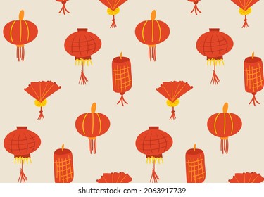 Seamless pattern in asian style with lanterns and fan. Vector colorful background
