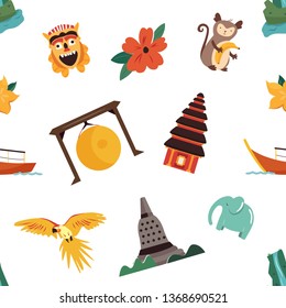 Seamless pattern with asian symbols, landmarks. Suitable for gift box, wrapping papers, banners, fabric