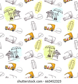 Seamless pattern with asian taxi tuk tuk, palm, suitcase in cartoon style. Color and black outline knock knock. Classic car hand drawn pattern. Yellow cuban taxi