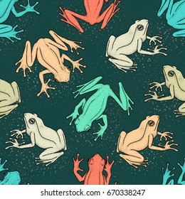 Seamless pattern with asian tree frogs. Hand-drawn ink vector illustration