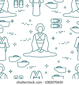 Seamless pattern with asian woman, traditional japanese clothing, shoes. Travel and leisure.