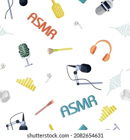 Seamless pattern with ASMR elements - high frequency microphone, headphones, brushes, paper, sound graph. Vector cartoon illustration.