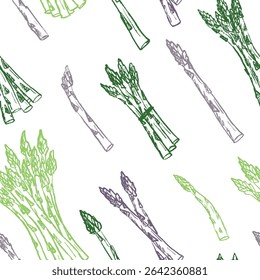 Seamless pattern with asparagus bundle tied with a stripe in black brush stroke texture isolated on white. Hand drawn vector sketch illustration in vintage charcoal ink. Harvest, package design