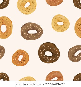 Seamless pattern with assorted bagels featuring different toppings such as sesame seeds, poppy seeds and whole grain. Perfect for bakery branding, packaging design, cafe menus, textile prints, wrapping paper, food backgrounds and surface design projects