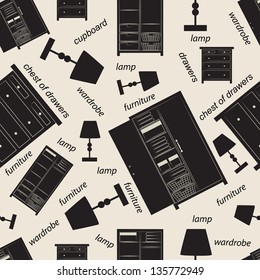 Seamless pattern of assorted bedroom furniture including cupboards, wardrobe, lamp and chest of drawers scattered randomly on an off white neutral background, illustration with descriptive text