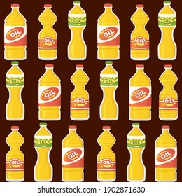 Seamless pattern of assorted bottles with vegetables oil vector illustration on brown background