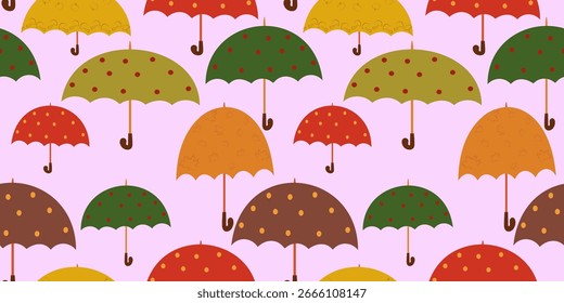 Padrão contínuo de guarda-chuvas de outono de desenhos animados sortidos em cores quentes com vários padrões, espalhados em um fundo rosa claro. Ideal para crianças caem temas.
