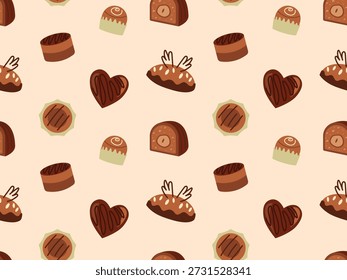 Patrón sin fisuras de surtidos de chocolate pralinés y caramelos. Una Ilustración vectorial plana de un patrón continuo y repetitivo con varios tipos de caramelos de chocolate, incluidos bombones en forma de corazón, pralinés redondos con llovizna a rayas, bombones blancos en envoltorios estriados y barras de chocolate
