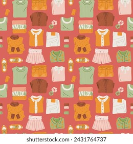 Seamless pattern of assorted clothing items. Colorful casual clothing shoes and accessories on red background. Flat vector illustration.